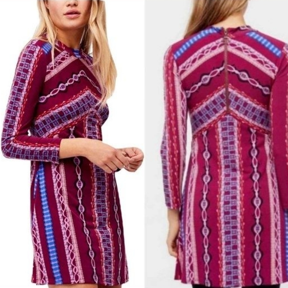 Free People Stella Long Sleeve Mock Neck Fuchsia Mini Dress Women’s Medium - Picture 9 of 11